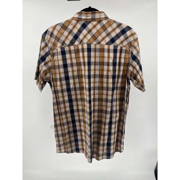 Mountain Hardwear Mens Plaid Short Sleeve Button Up Shirt Tan Brown Navy Size M - Picture 2 of 8